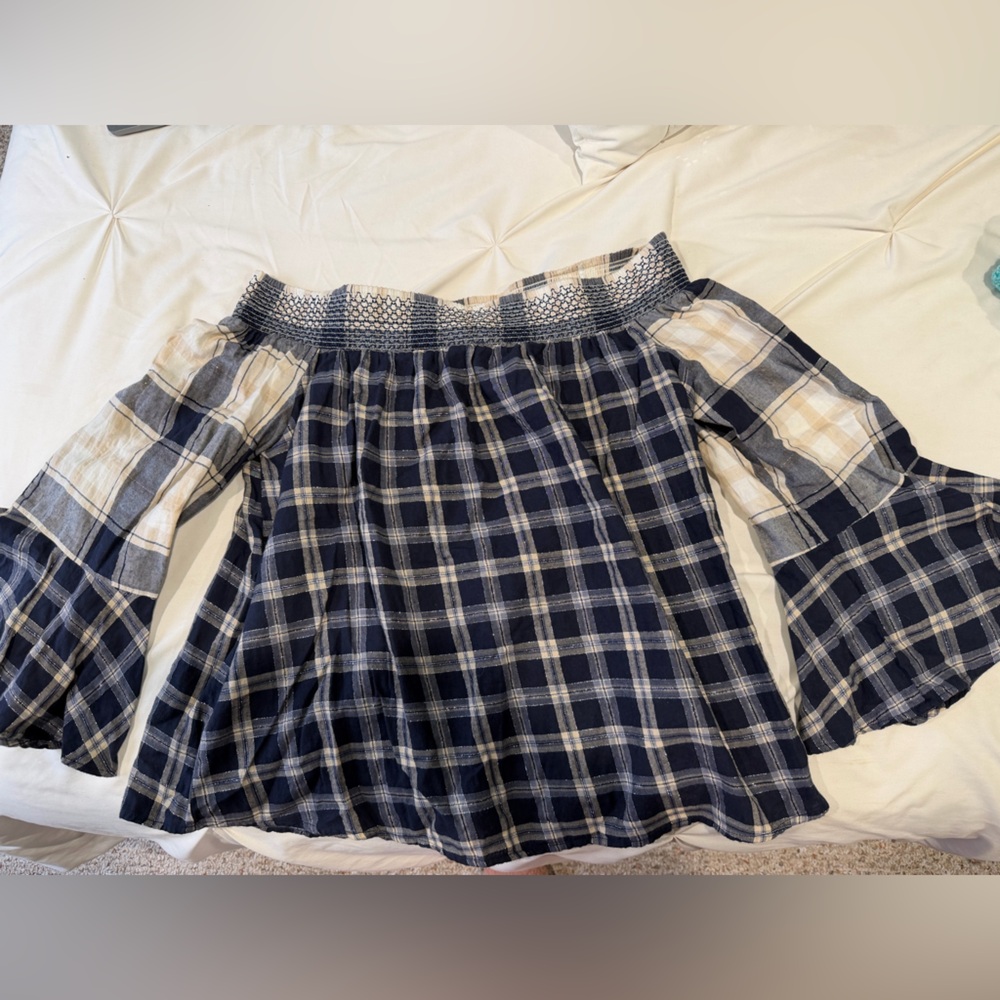 LOFT Navy and Cream Off the Shoulder Plaid Blouse